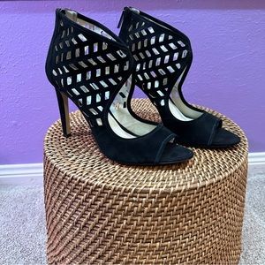 SOLD- BCBGeneration Black Suede Peep Toe Stiletto Heels Size 10